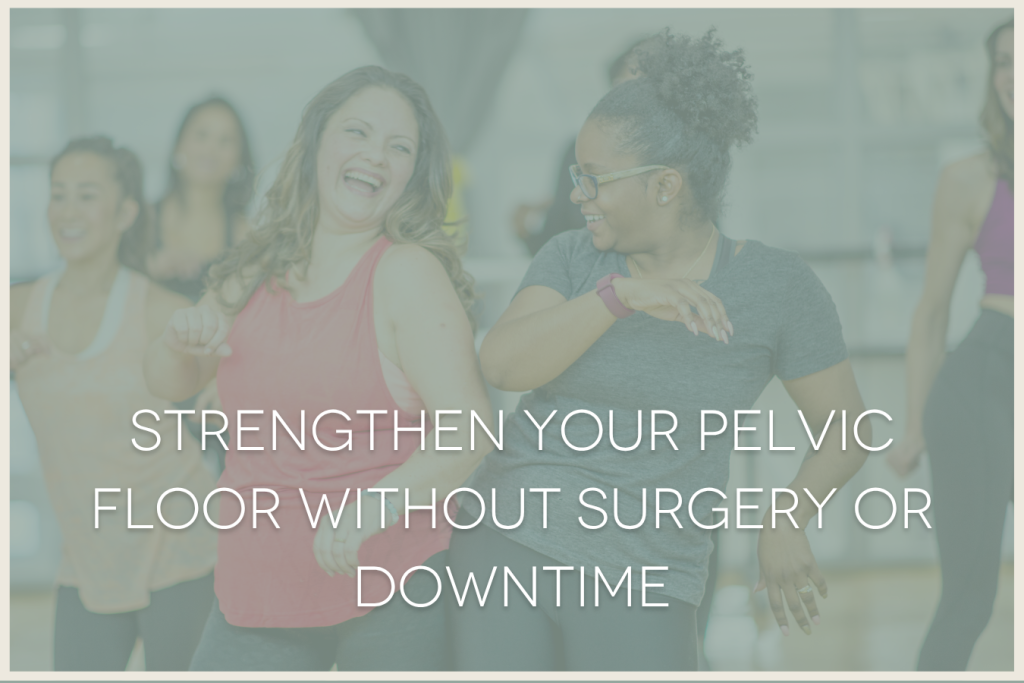 middle aged women laughing and exercising in a class together